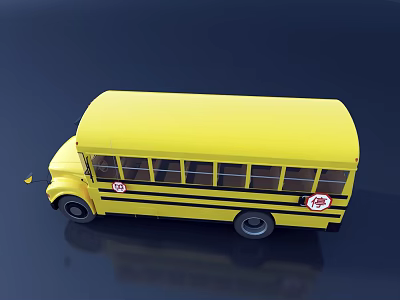 Yellow School Bus Featuring Stop Signs Black Stripes Multiple Windows And Reflection On Dark Background 3d model