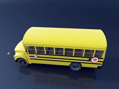 Yellow School Bus Featuring Stop Signs Black Stripes Multiple Windows And Reflection On Dark Background 3d model
