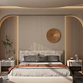 Modern Bedroom Interior With Arched Walls Circular Decor Nightstands Green Plant And Rug