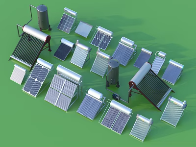 Various Types Of Solar Energy Equipment Including Panels Collectors And Water Heaters 3d model