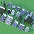 Various Types Of Solar Energy Equipment Including Panels Collectors And Water Heaters