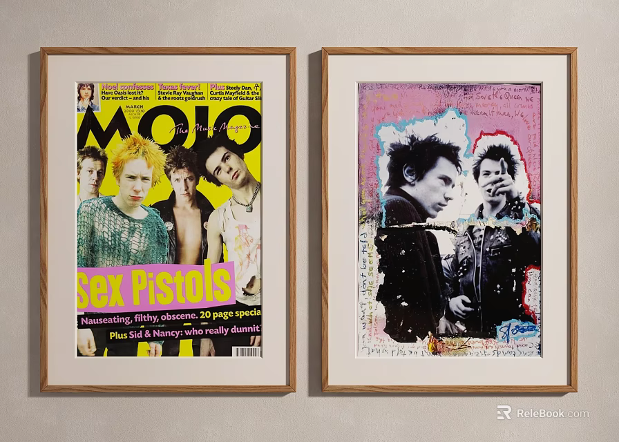 Framed MOJO Magazine Posters With Sex Pistols And Artistic Portraits On Wall 3d model 