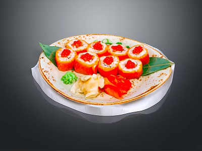 Appetizing Red Sushi Rolls With Tobiko Ginger Wasabi And Decorative Leaves On Plate 3d model