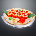 Appetizing Red Sushi Rolls With Tobiko Ginger Wasabi And Decorative Leaves On Plate