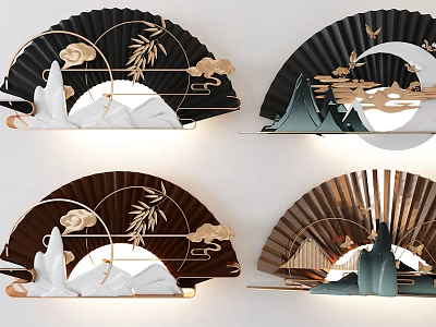 Fan Shaped Chinese Style Wall Decor With Cloud Bamboo Moon And Mountain Patterns 3d model