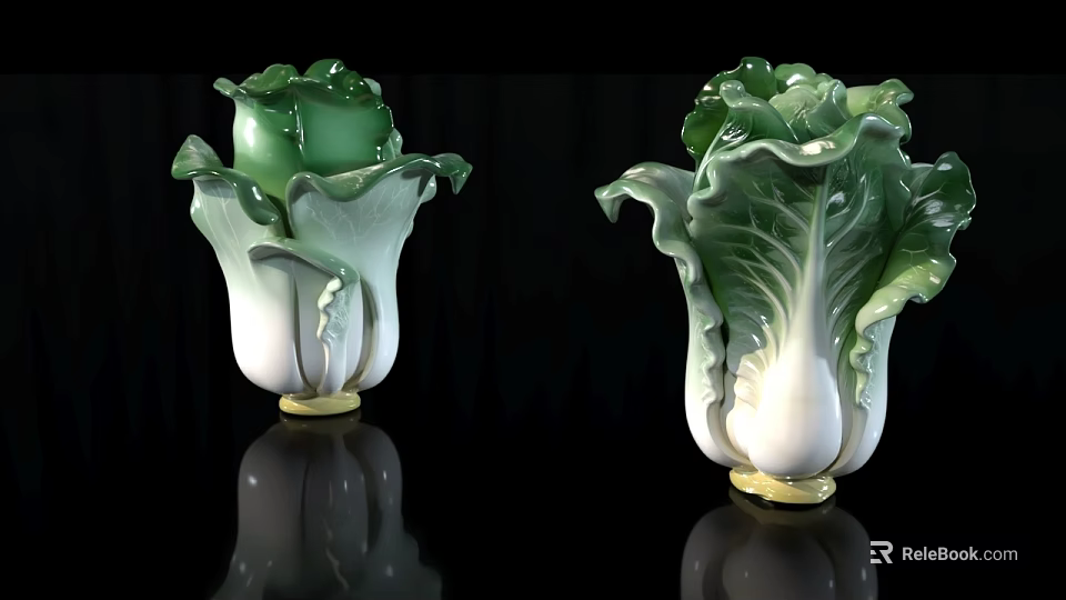 Two Green And White Cabbage Shaped Porcelain Figurines On Black Background With Reflections 3d model 
