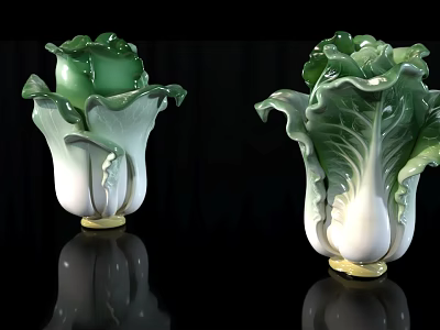 Two Green And White Cabbage Shaped Porcelain Figurines On Black Background With Reflections 3d model