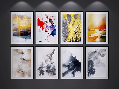 Abstract Paintings Wall Art with White Framed Colorful Abstract Prints on Gray Wall 3d model