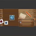 Pixel Style Wooden Workbench Furniture With Shelves Colorful Bottles And Red Cloth