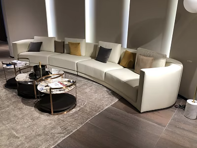 Curved White Sectional Sofa with Mixed Pillows and Round Coffee Tables in Modern Living Room 3d model