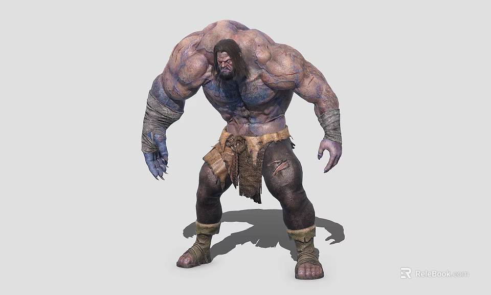 Muscular Man with Stone Like Skin Long Hair and Beard in Tattered Clothing Standing Powerfully 3d model 
