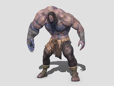 Muscular Man with Stone Like Skin Long Hair and Beard in Tattered Clothing Standing Powerfully 3d model