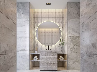 Modern Bathroom Interior With Marble Walls Circular Backlit Mirror Vanity Storage Shelves And Potted Plant 3d model