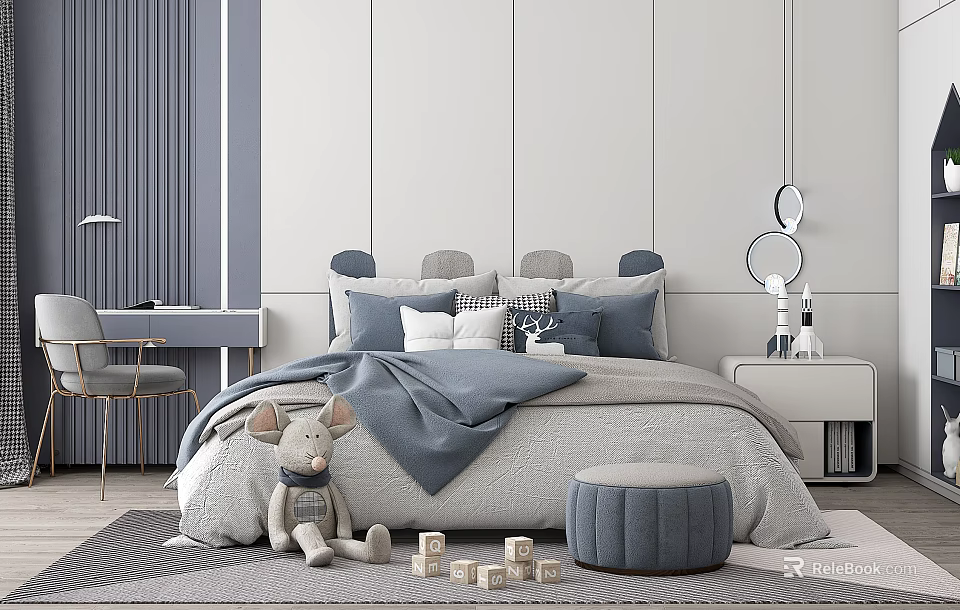 Kids Room Interior With Gray Blue Bedding Stuffed Toy Mouse Building Blocks And Pouf Stool 3d model 
