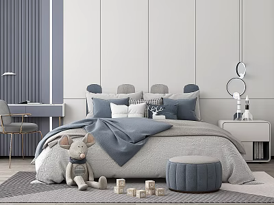 Kids Room Interior With Gray Blue Bedding Stuffed Toy Mouse Building Blocks And Pouf Stool 3d model