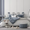 Kids Room Interior With Gray Blue Bedding Stuffed Toy Mouse Building Blocks And Pouf Stool
