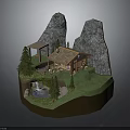 Mountain Scene Model With Wooden Cabin Pine Trees Waterfall And Rocky Hills
