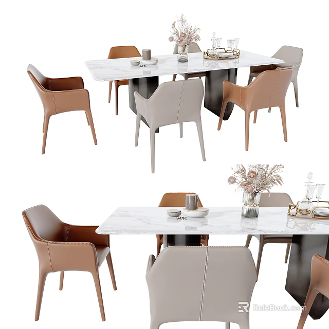 Modern Dining Table Set With Marble Top Beige And Brown Chairs Tableware And Vase 3d model