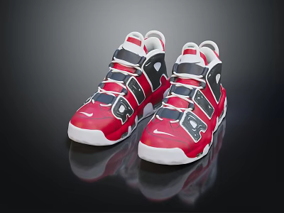 Red White Black High Top Sneakers With Strap Design And Structured Sole 3d model