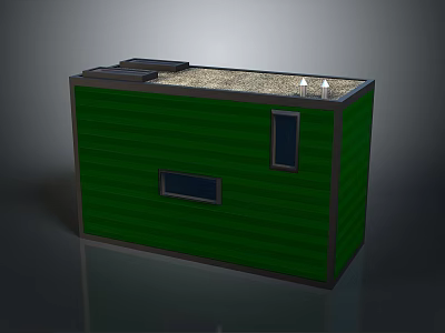 Green Container Building With Solar Panels On Roof And Small Windows 3d model