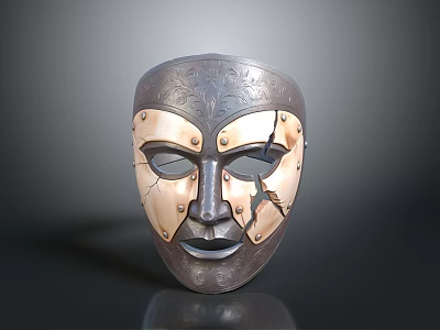 Decorative Metal And Wooden Mask With Carved Patterns Rivets And Cracked Design 3d model