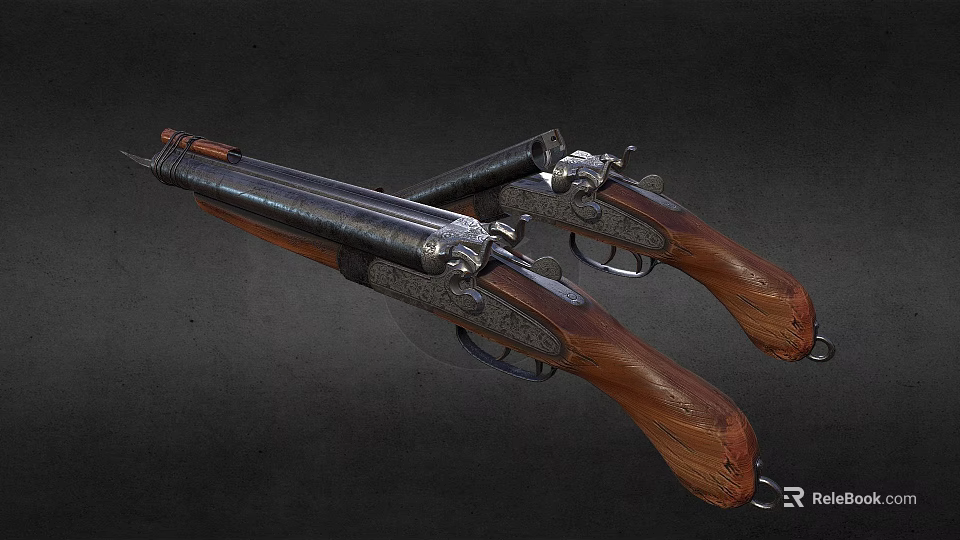 Two Antique Flintlock Pistols With Wooden Stocks And Metal Components On Black Background 3d model 