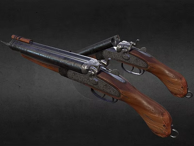 Two Antique Flintlock Pistols With Wooden Stocks And Metal Components On Black Background 3d model