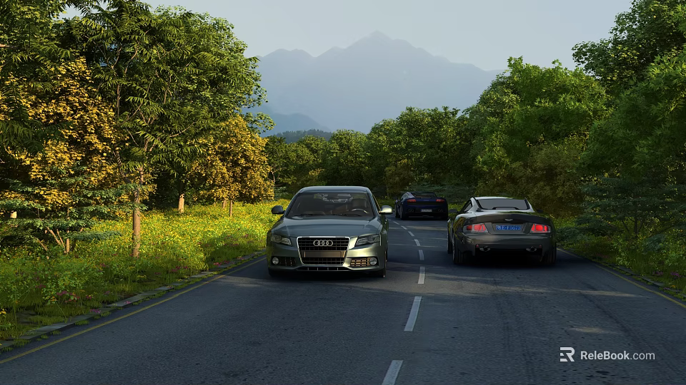 Cars Driving On Scenic Road With Green Trees And Distant Mountains 3d model 