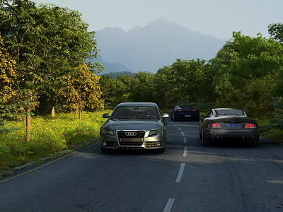 Cars Driving On Scenic Road With Green Trees And Distant Mountains 3d model