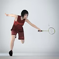 Active Woman Playing Badminton In Red Sportswear Running And Hitting Shuttlecock With Racket