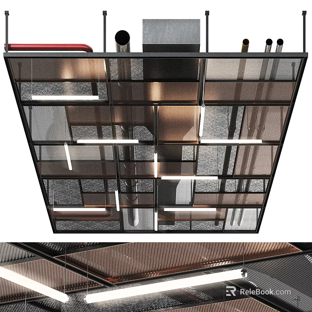 Modern Ceiling Design With Grid Pattern Metal Frames And Recessed Lighting 3d model 