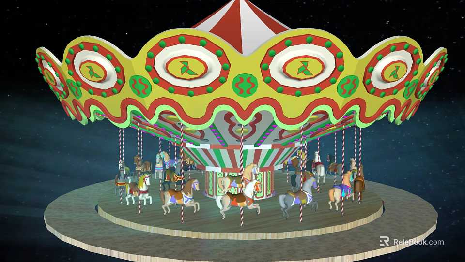 Carousel Amusement Ride With Colorful Horses Red White Canopy Green Yellow Decorations Starry Sky Background 3d model 