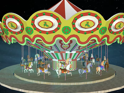 Carousel Amusement Ride With Colorful Horses Red White Canopy Green Yellow Decorations Starry Sky Background 3d model