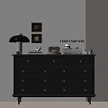 Dark Gray Console Side Cabinet With Drawers Gold Knobs And Decorative Paintings 1100x1500x450 3d model