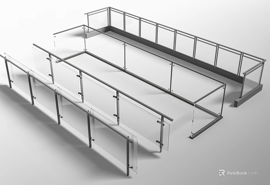 Modern Glass Railings With Metal Frame For Balcony And Staircase Design 3d model 