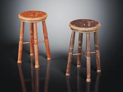 Pair of Wooden Stools With Carved Round Top And Four Legs Design 3d model