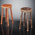 Pair of Wooden Stools With Carved Round Top And Four Legs Design