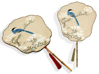 Elegant Fan Shaped Pendant With Blue Bird Magnolia Flowers Bamboo Handle And Red Tassel 3d model