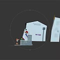 Two Characters In 3D Minimart Scene One Running Up Stairs And One Standing