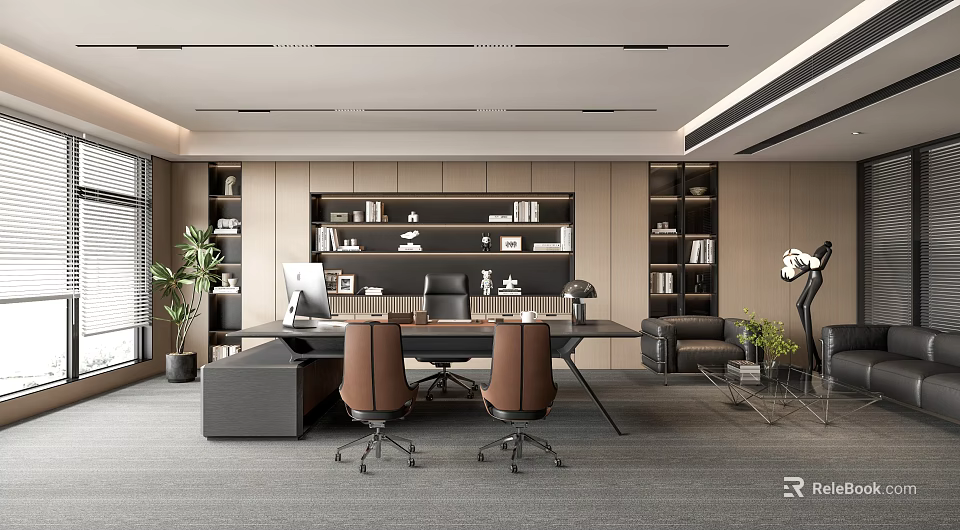 Modern Office Workspace With Wooden Desk Two Leather Chairs Bookshelves Sofa And Green Plants 3d model 