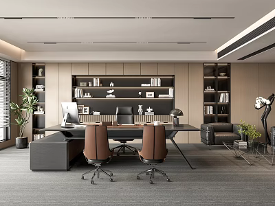 Modern Office Workspace With Wooden Desk Two Leather Chairs Bookshelves Sofa And Green Plants 3d model
