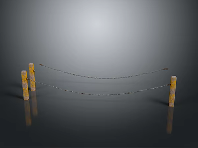 Scenic View of Yellow Posts Connected by Chains on Gray Background with Reflective Floor 3d model