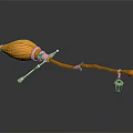 Magical Broomstick With Wooden Handle Brown Bristles Green Pink Accents And End Bell