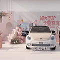 Public Office Space Interior Featuring Ora Car Pink Background Staircase Balloons Flowers and Female Model