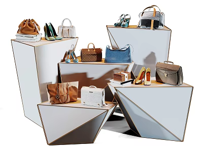 Stylish Leather Handbags And Purses In Various Colors On Modern Geometric Display Stands 3d model
