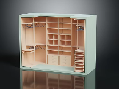 Light Green Wardrobe With Open Design And Light Beige Interior Shelves Drawers Hanging Rods 3d model