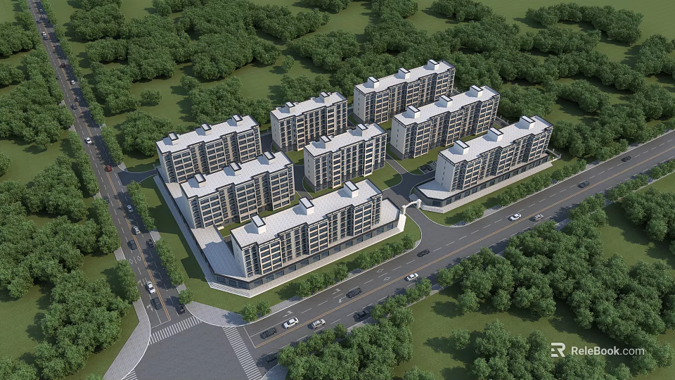 Modern Residential Complex Neatly Arranged Surrounded by Green Trees and Roads 3d model 