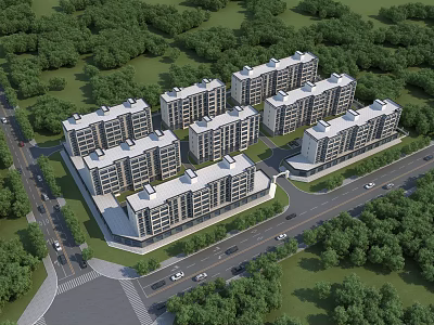 Modern Residential Complex Neatly Arranged Surrounded by Green Trees and Roads 3d model