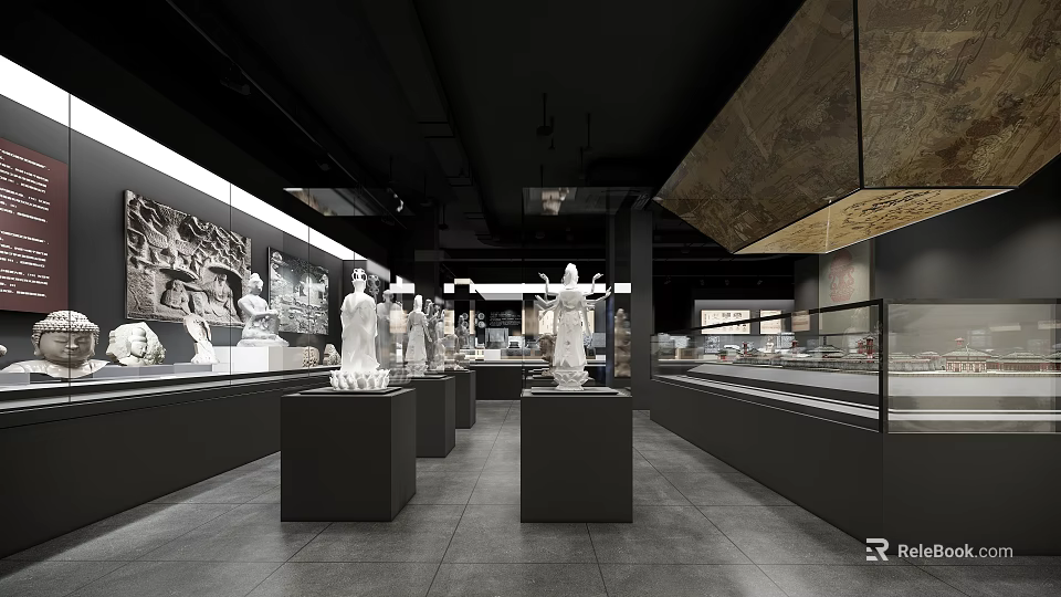 Cultural Center Interior Design Featuring Sculpture Exhibits And Glass Display Cases 3d model 