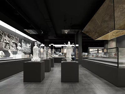 Cultural Center Interior Design Featuring Sculpture Exhibits And Glass Display Cases 3d model